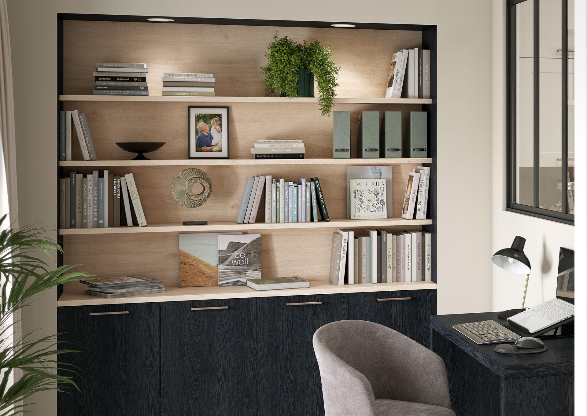 Bibliothèque Linea chêne Nero 4 portes 4 étagères