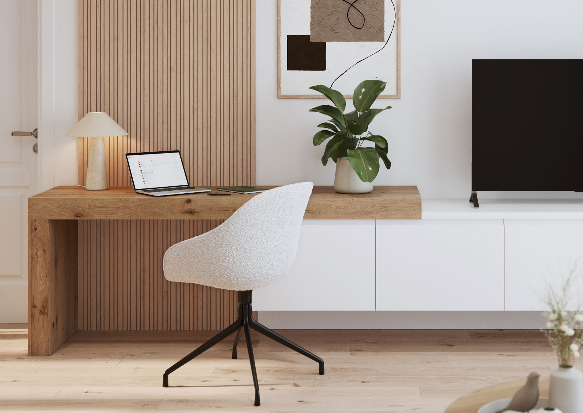 Ensemble bureau et meuble TV Modano 220cm chêne clair et blanc