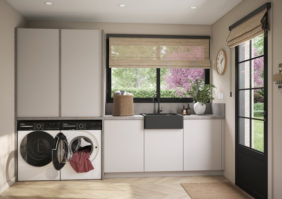 Buanderie et arrière-cuisine sur mesure au design minimaliste Cette buanderie sur mesure ixina combine fonctionnalité et esthétique épurée. Intégrée dans un espace discret, elle accueille lave-linge, sèche-linge, rangements toute hauteur et plan de travail, tout en préservant l’harmonie de la pièce à vivre.