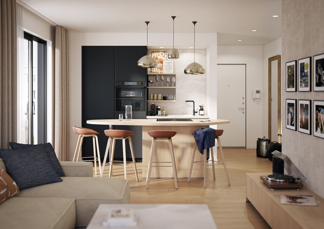 Cuisine Îlot Lumineuse cuisine ouverte et élégante intégrant un îlot central en bois clair et des façades noires mates, baignée par la lumière naturelle et des suspensions dorées.