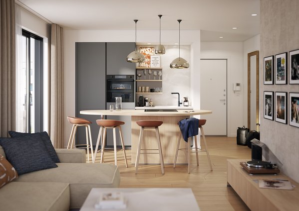 Îlot ovale cuisine salon design Urbain Cuisine ouverte linéaire avec îlot bar ce plan fluide maximise l'espace et le style contemporain pour une vie conviviale au quotidien