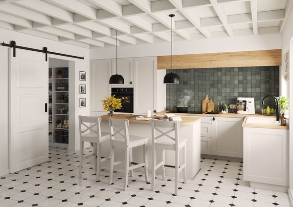 Tendance cuisine moderne blanc et gris Cuisine lumineuse style moderne scandinave Alliance blanc épuré et gris-vert texturé Chaleur du bois clair et carrelage géométrique noir et blanc Un espace chic et actuel.