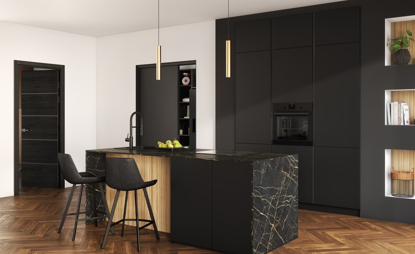 Façades noir mat pour un design épuré, réchauffé par des veines d'or et des accents de bois naturel. Luxe discret et lignes ultra-modernes.
